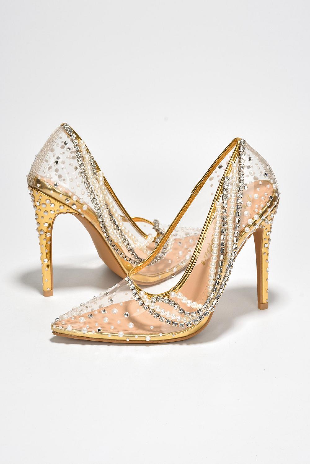 Cape Robbin Aravalyn Rhinestone Metallic Transparent Heel - Gold