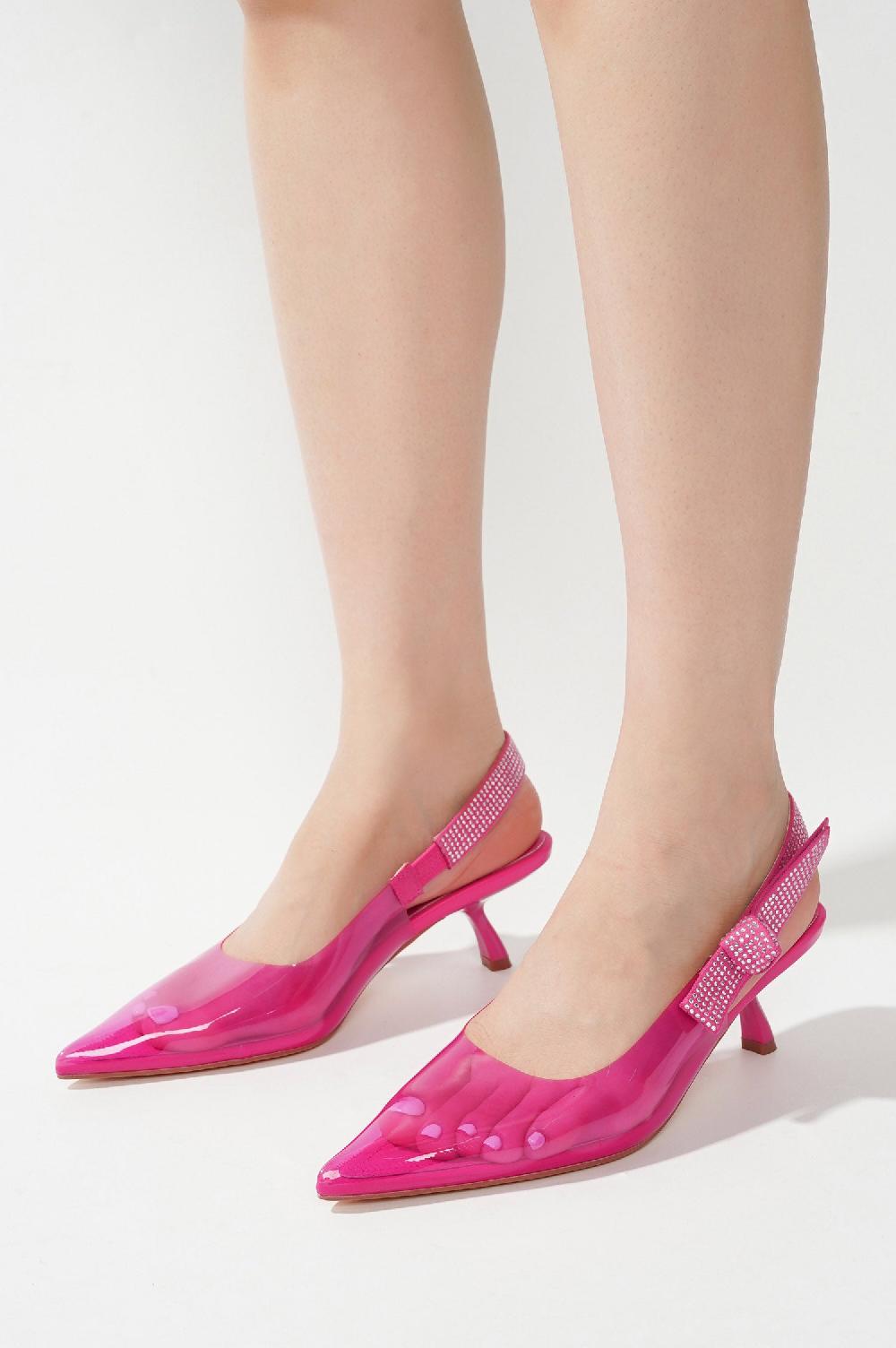 Cape Robbin Ardys Rhinestone Slingback Transparent Kitten Pump Heels - Fuchsia