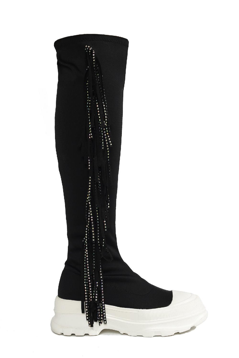 Cape Robbin Aretha Fringe Rhinestone Thigh High Boots - Black