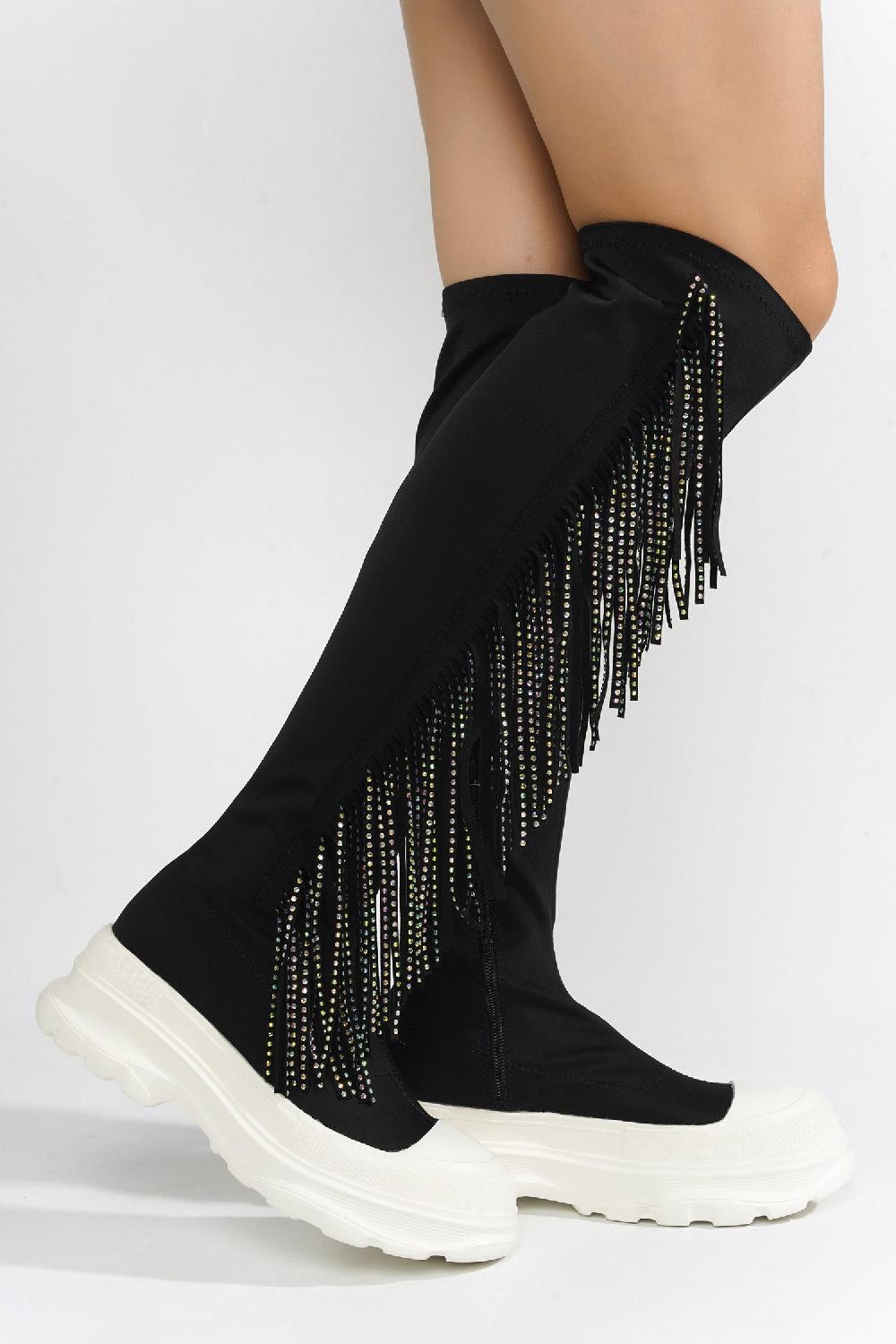 Cape Robbin Aretha Fringe Rhinestone Thigh High Boots - Black