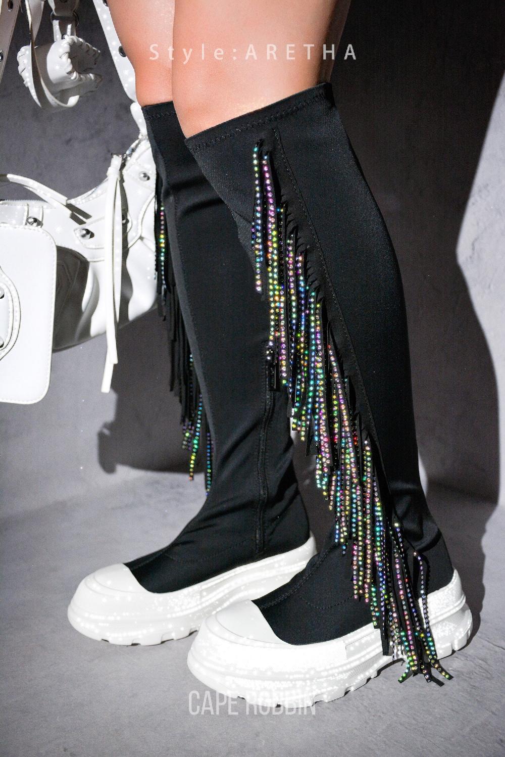 cape robbin Aretha Fringe Rhinestone Thigh High Boots - Black