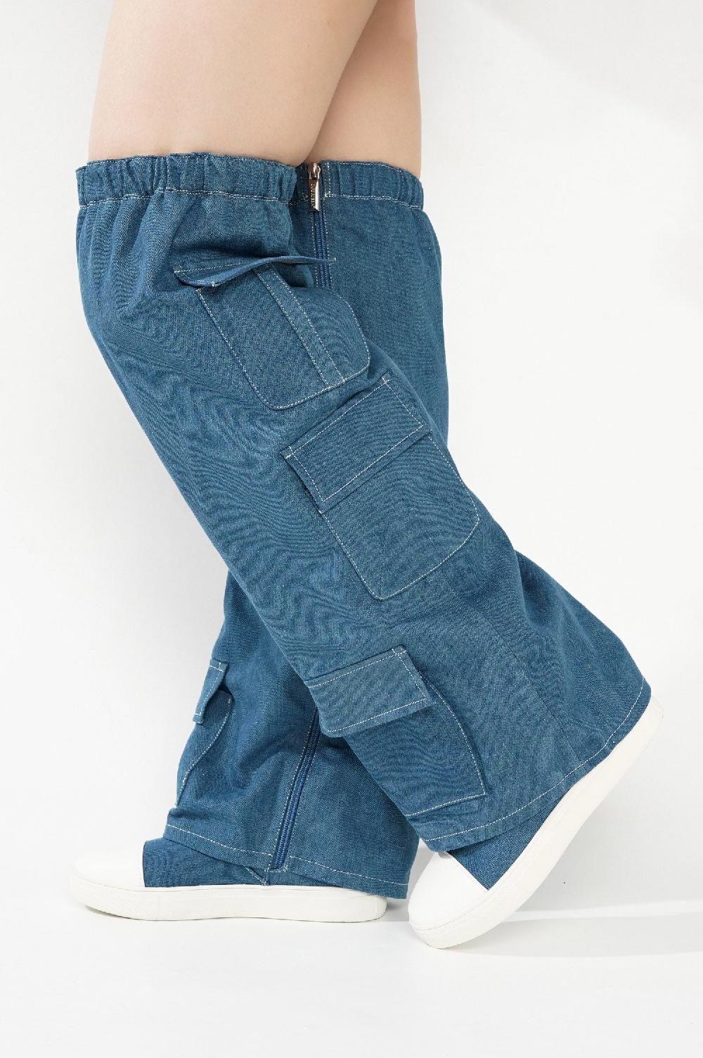 Cape Robbin Ashleigh Cargo Pants Thigh High Boots - Denim