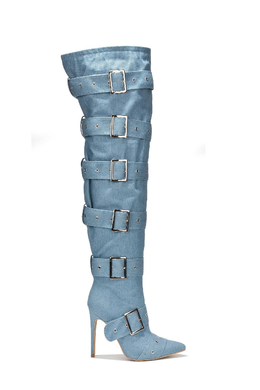 Cape Robbin Asmara Buckle Decor Thigh High Stiletto Boots - Denim