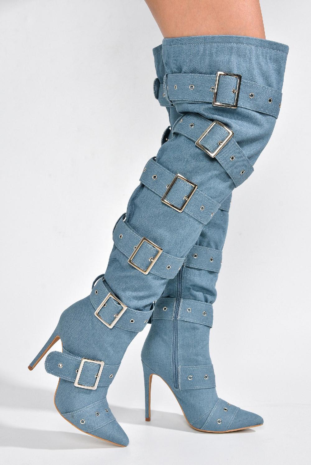 Cape Robbin Asmara Buckle Decor Thigh High Stiletto Boots - Denim