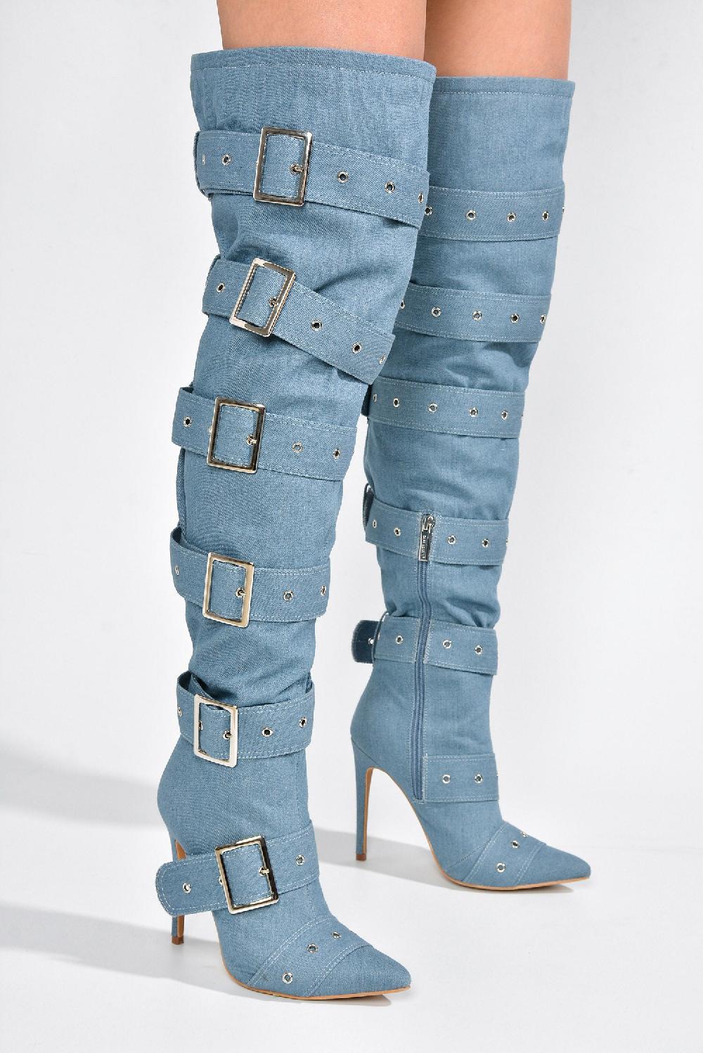Cape Robbin Asmara Buckle Decor Thigh High Stiletto Boots - Denim