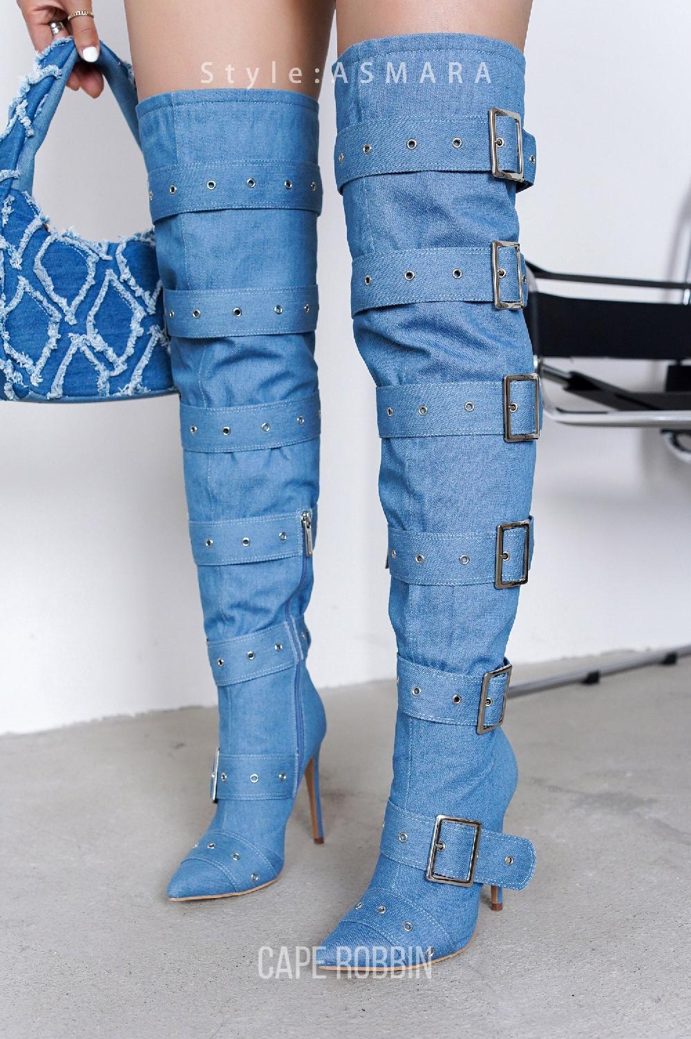 cape robbin Asmara Buckle Decor Thigh High Stiletto Boots - Denim
