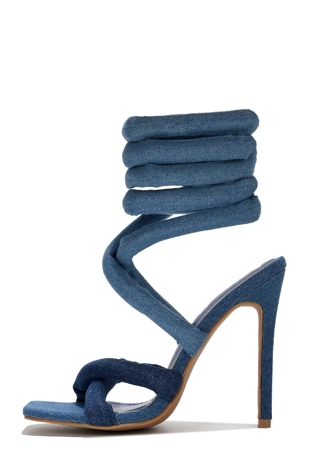 Cape Robbin Astrid Thick Lace Stiletto Strappy Heels - Denim