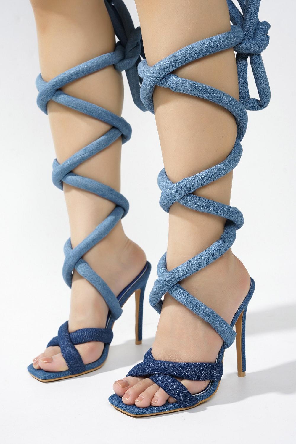 Cape Robbin Astrid Thick Lace Stiletto Strappy Heels - Denim