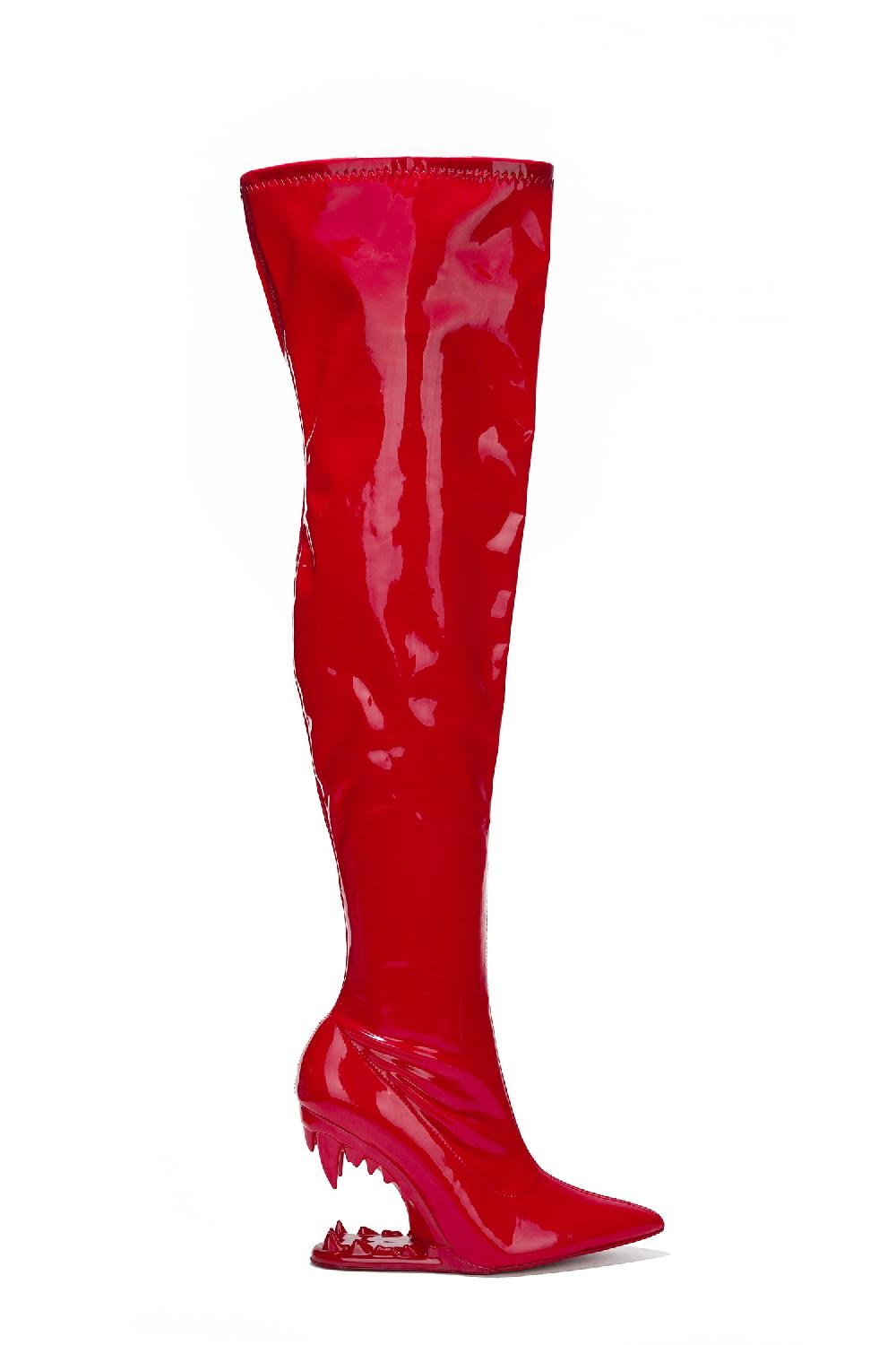 Cape Robbin Baku Patent Thigh-High Boots Cheetah Replica - Red