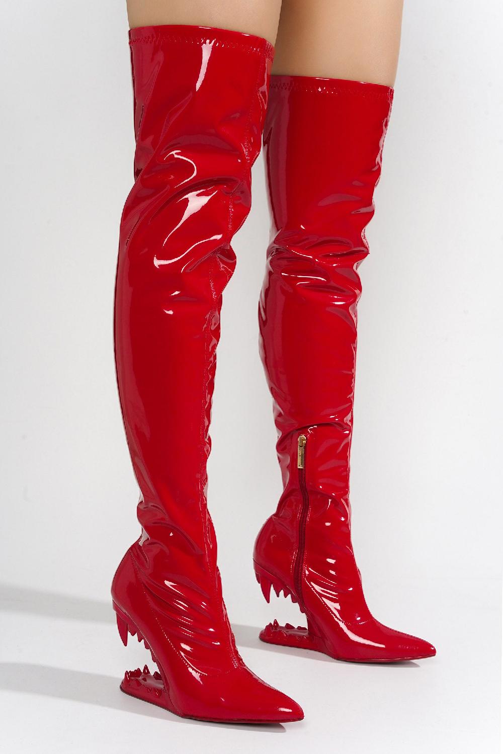 Cape Robbin Baku Patent Thigh-High Boots Cheetah Replica - Red