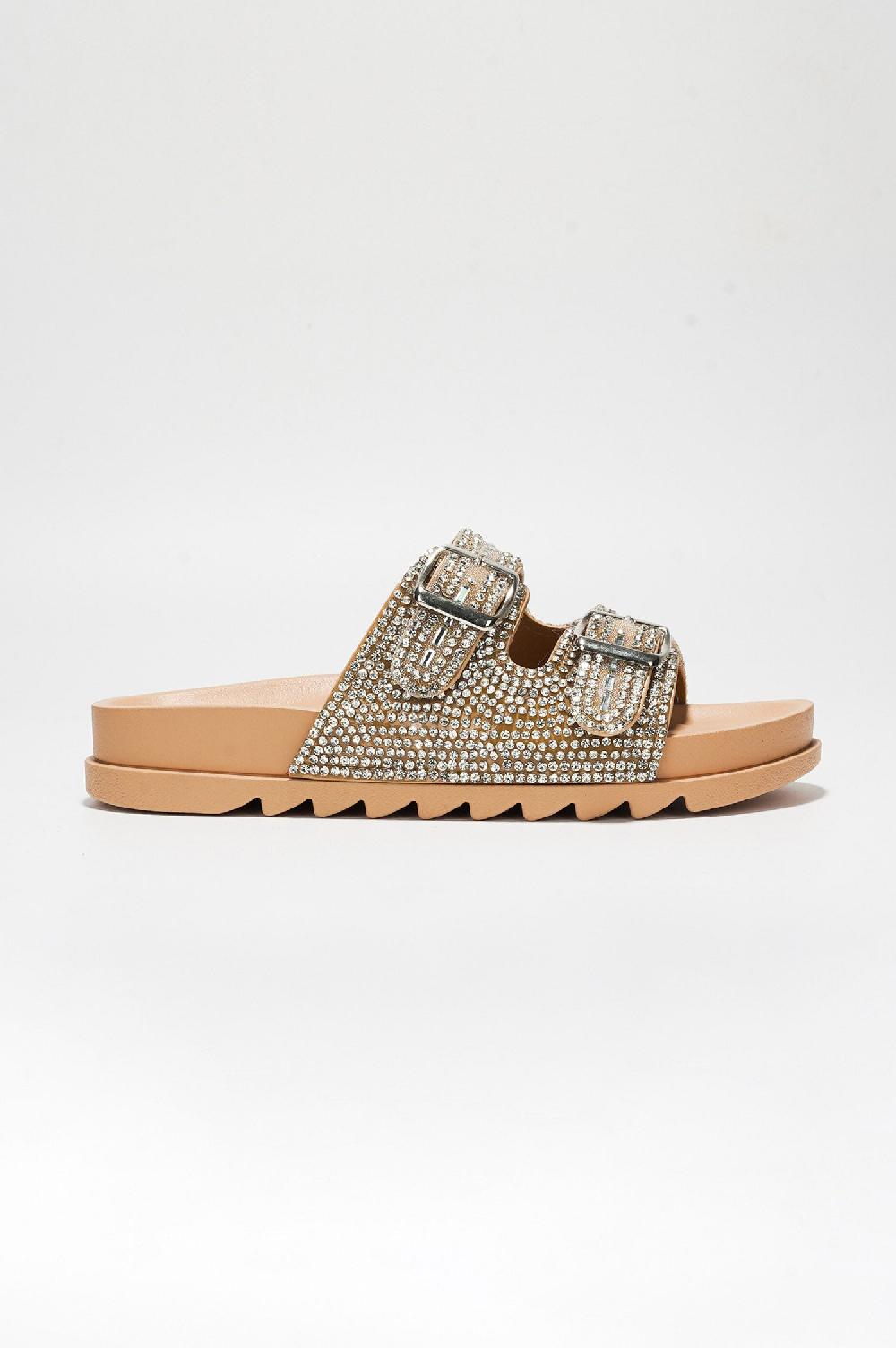 Cape Robbin Becky Rhinestone Buckle Strap Flatform Sandals - Beige