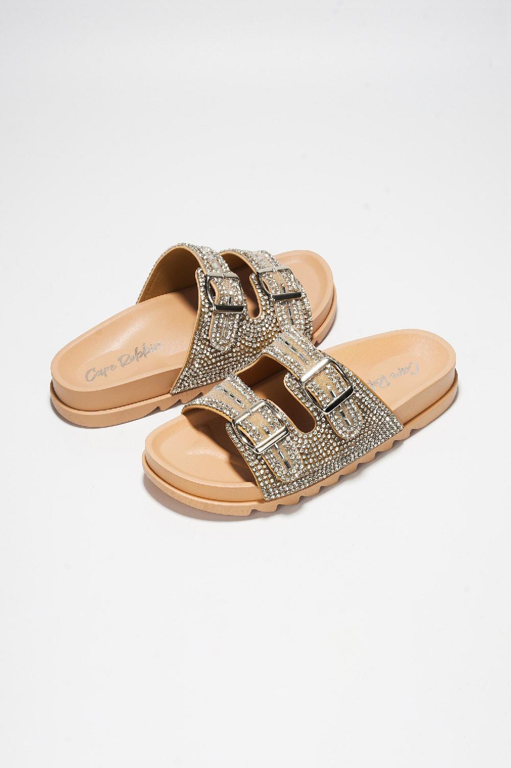 Cape Robbin Becky Rhinestone Buckle Strap Flatform Sandals - Beige