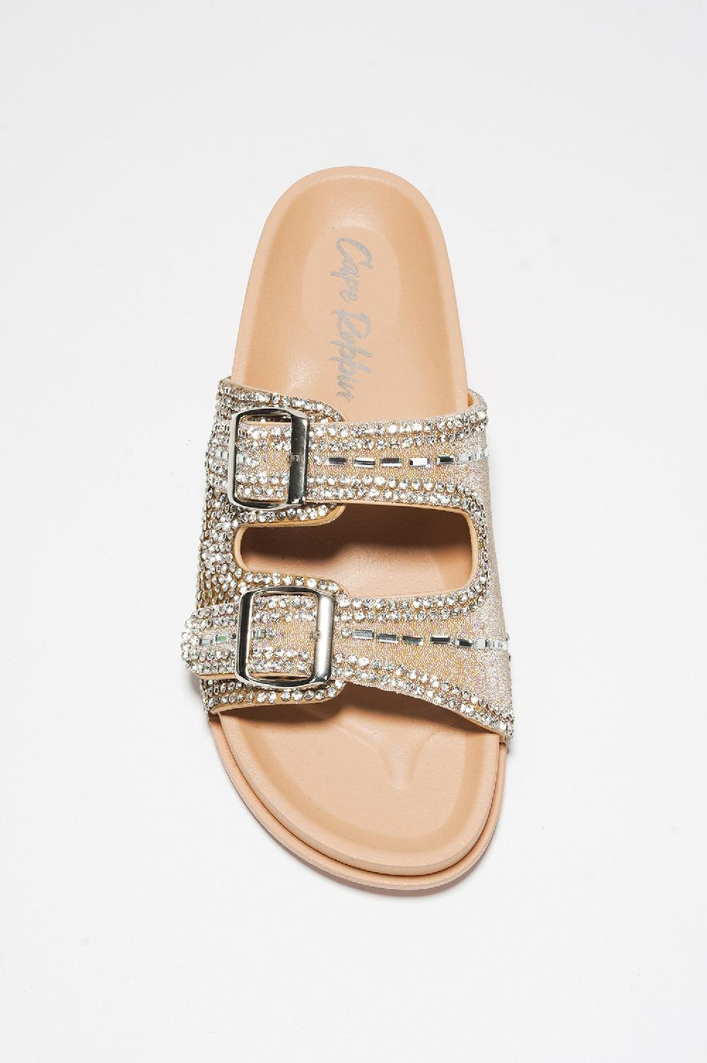 Cape Robbin Becky Rhinestone Buckle Strap Flatform Sandals - Beige