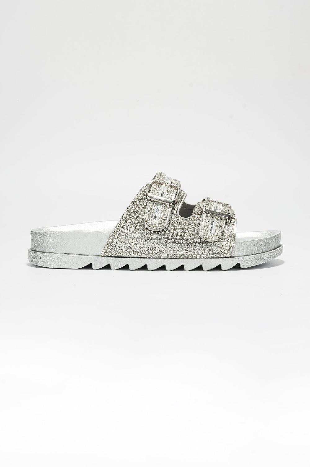 Cape Robbin Becky Rhinestone Buckle Strap Flatform Sandals - Silver