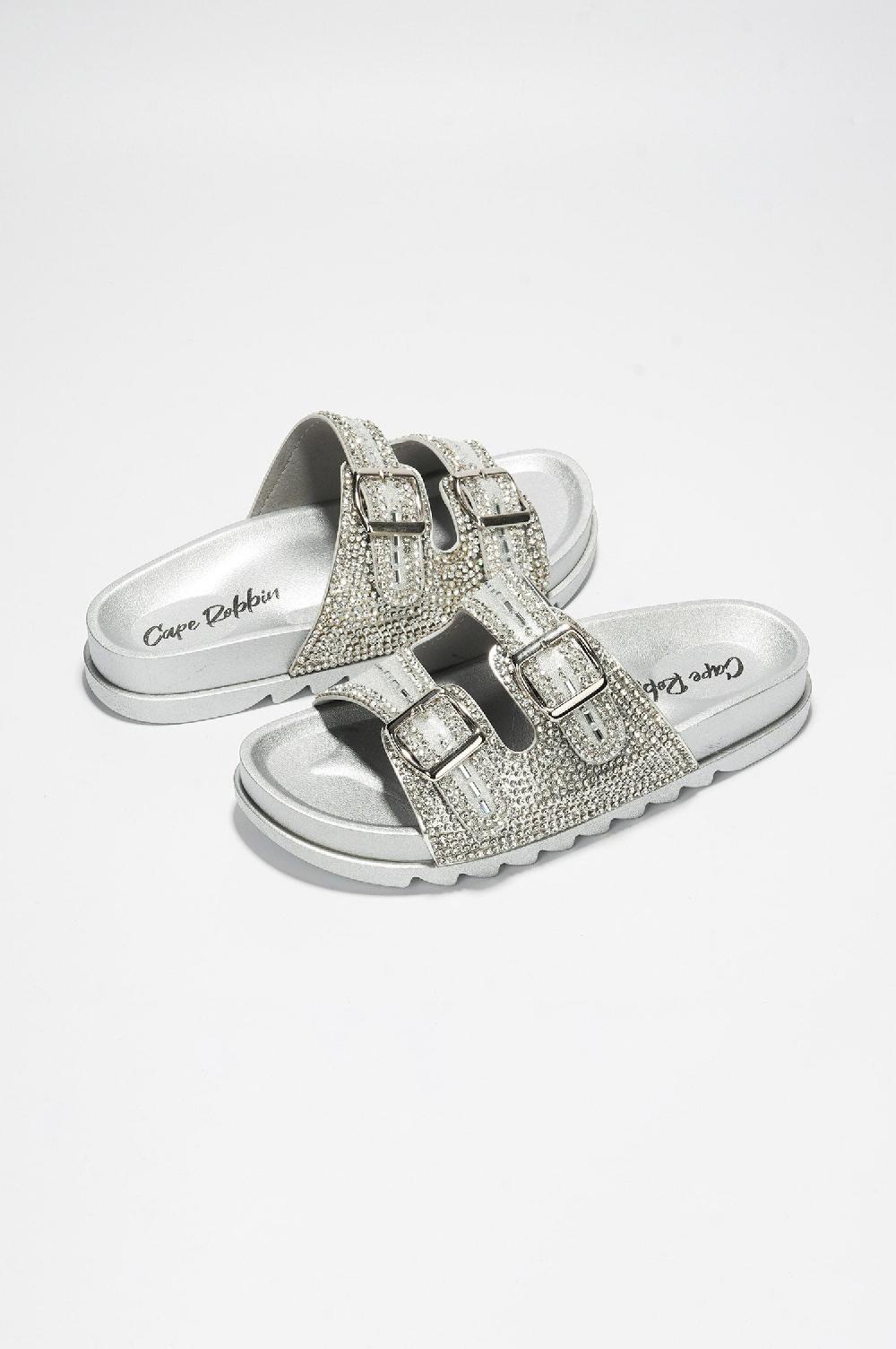 Cape Robbin Becky Rhinestone Buckle Strap Flatform Sandals - Silver
