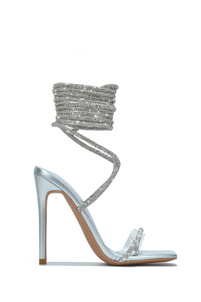 Cape Robbin Bellisimo Rhinestone Rope Strappy High Heels - Silver