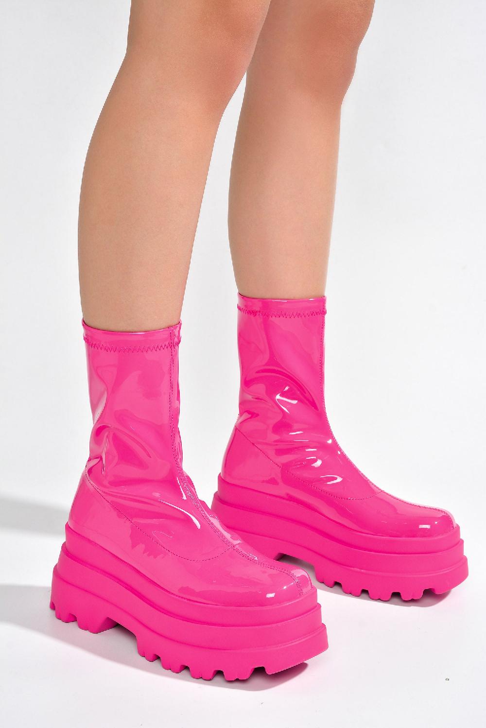 Cape Robbin Beluga Shiny Patent Lug Platform Booties - Pink