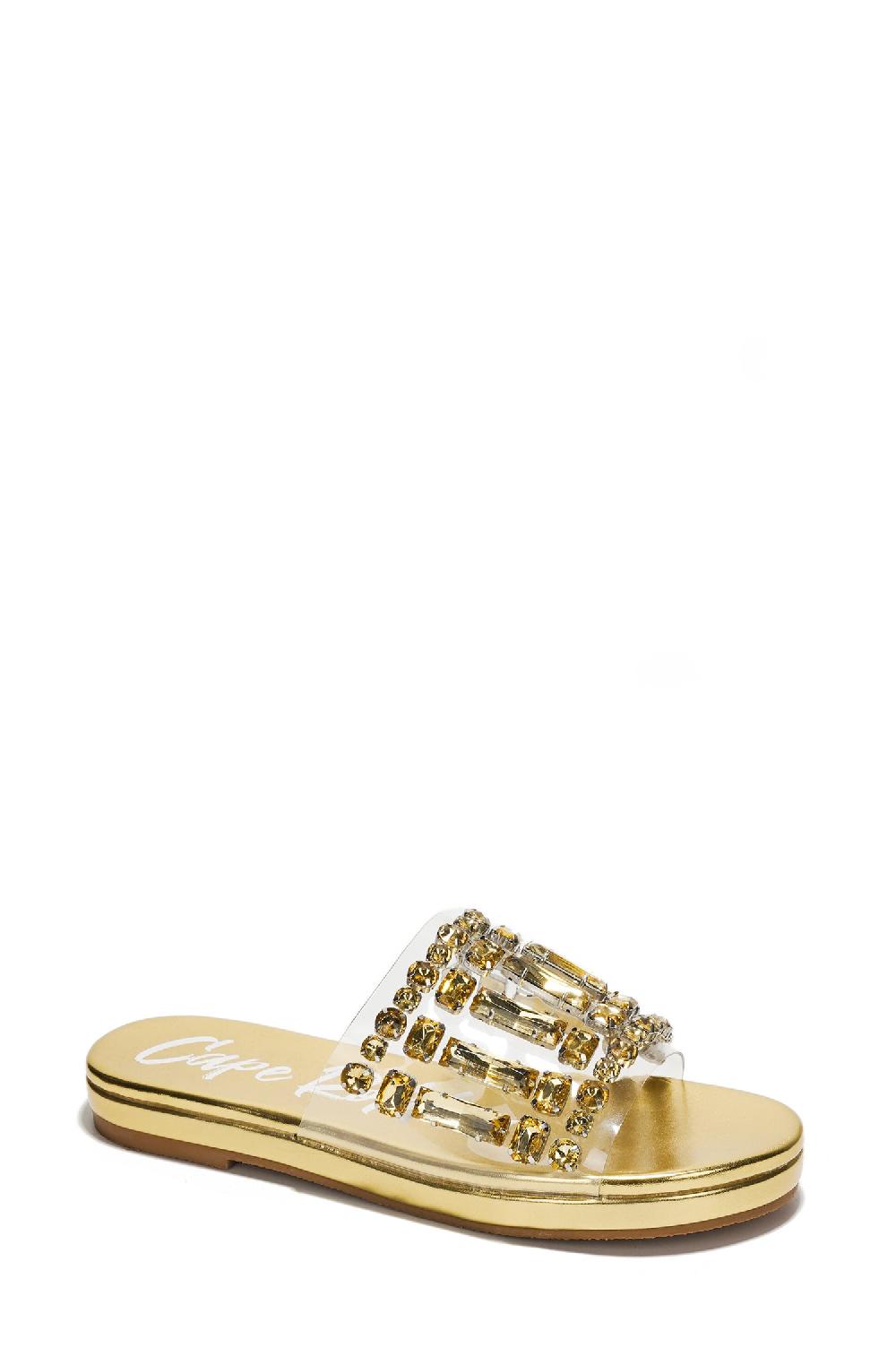 Cape Robbin Bernardine Gemstone Embellished Clear Slide Snadals - Gold