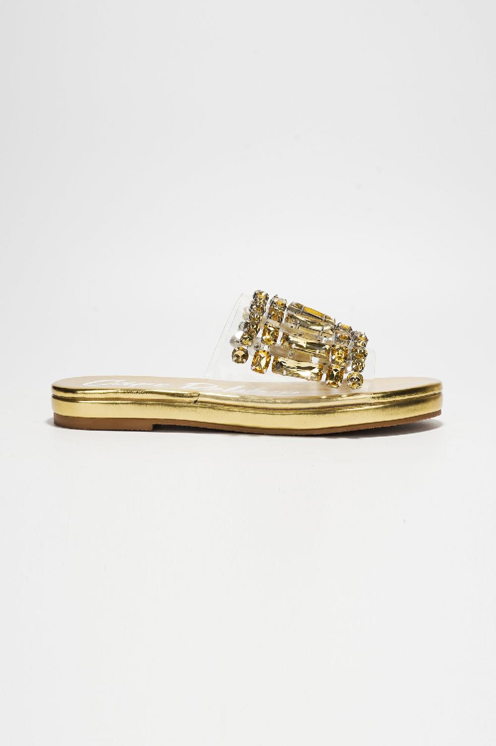 Cape Robbin Bernardine Gemstone Embellished Clear Slide Snadals - Gold