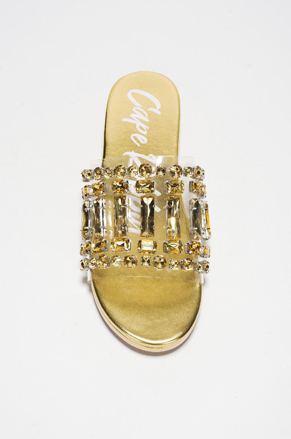 Cape Robbin Bernardine Gemstone Embellished Clear Slide Snadals - Gold