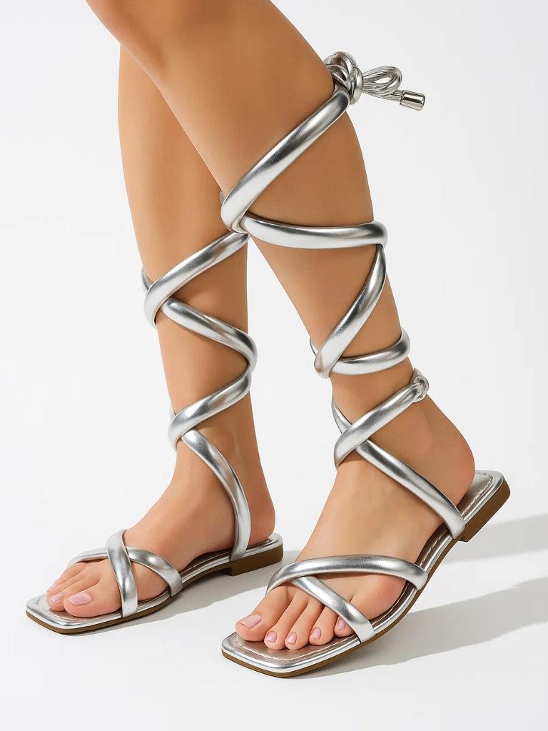 cape robbin Bernette Thick Lace Strappy Flat Sandals - Silver