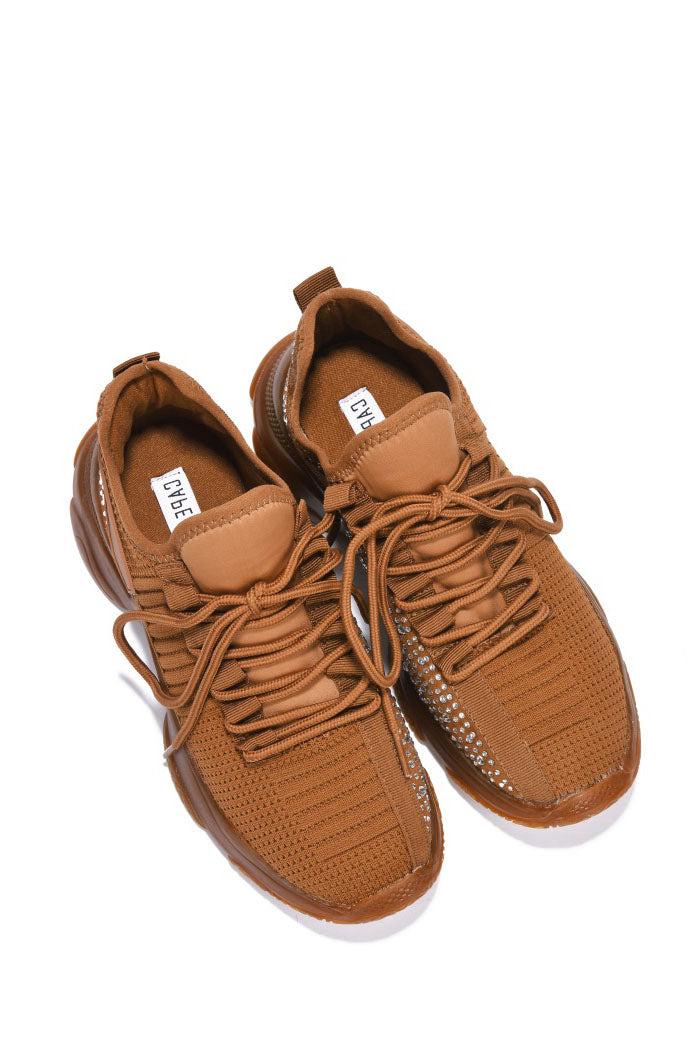 Cape Robbin Bleeker Low Cut Rhinestone Round Toe Sneakers - Brown