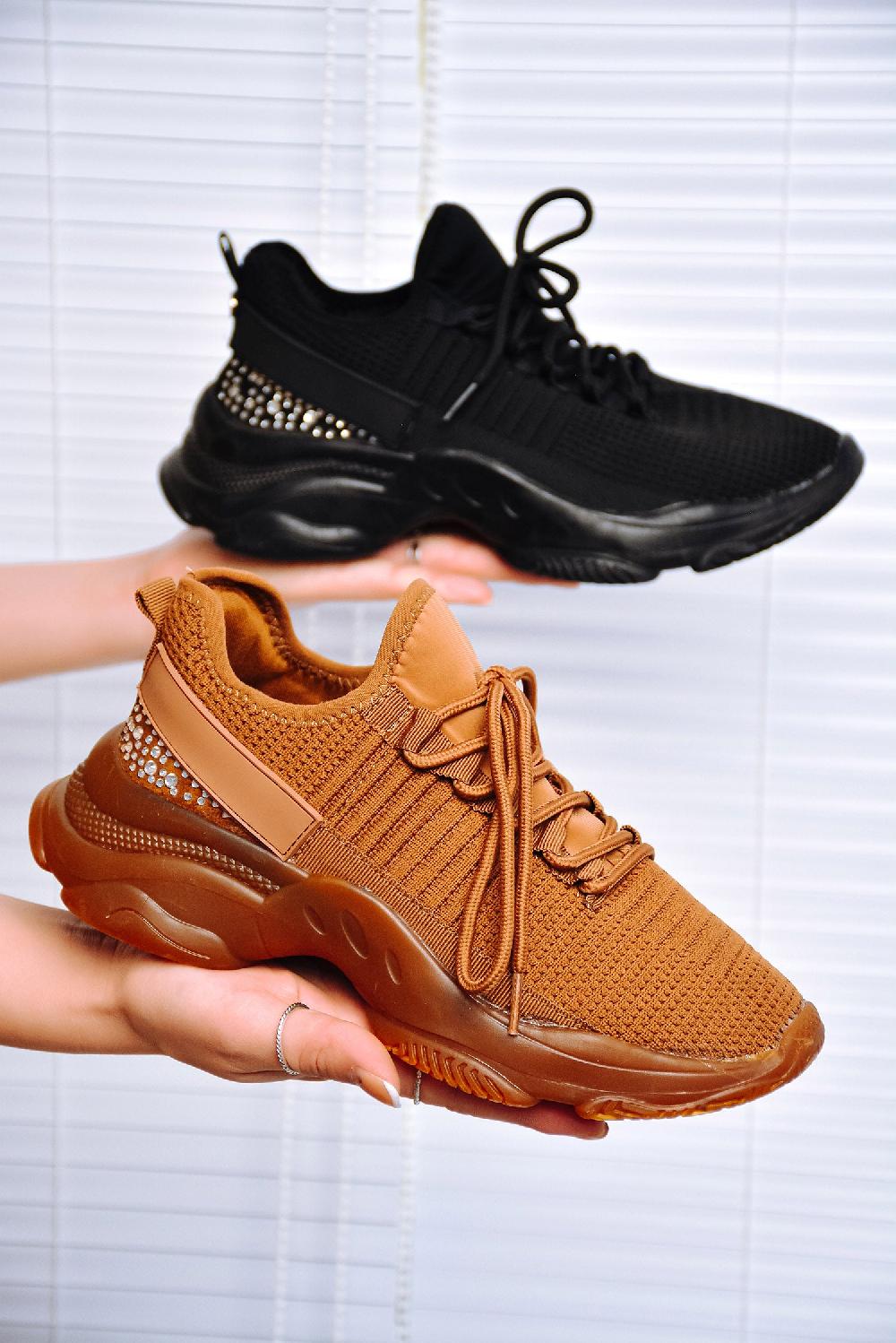 cape robbin Bleeker Low Cut Rhinestone Round Toe Sneakers - Brown