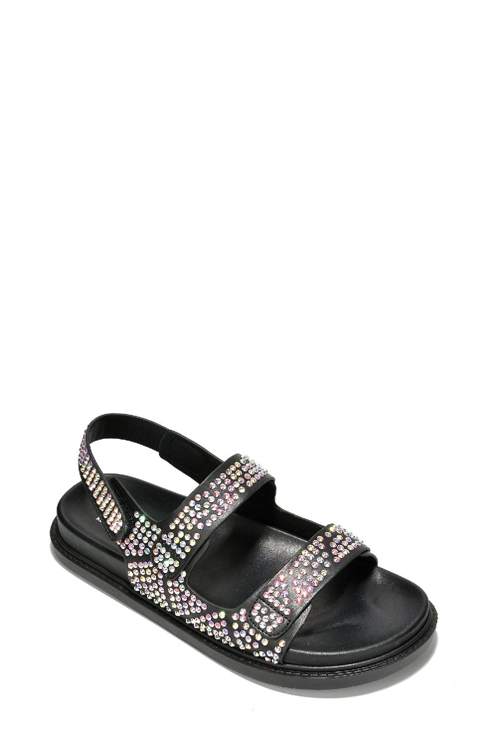 Cape Robbin Bodam Velcro Rhinestone Crusted Flat Sandals - Black