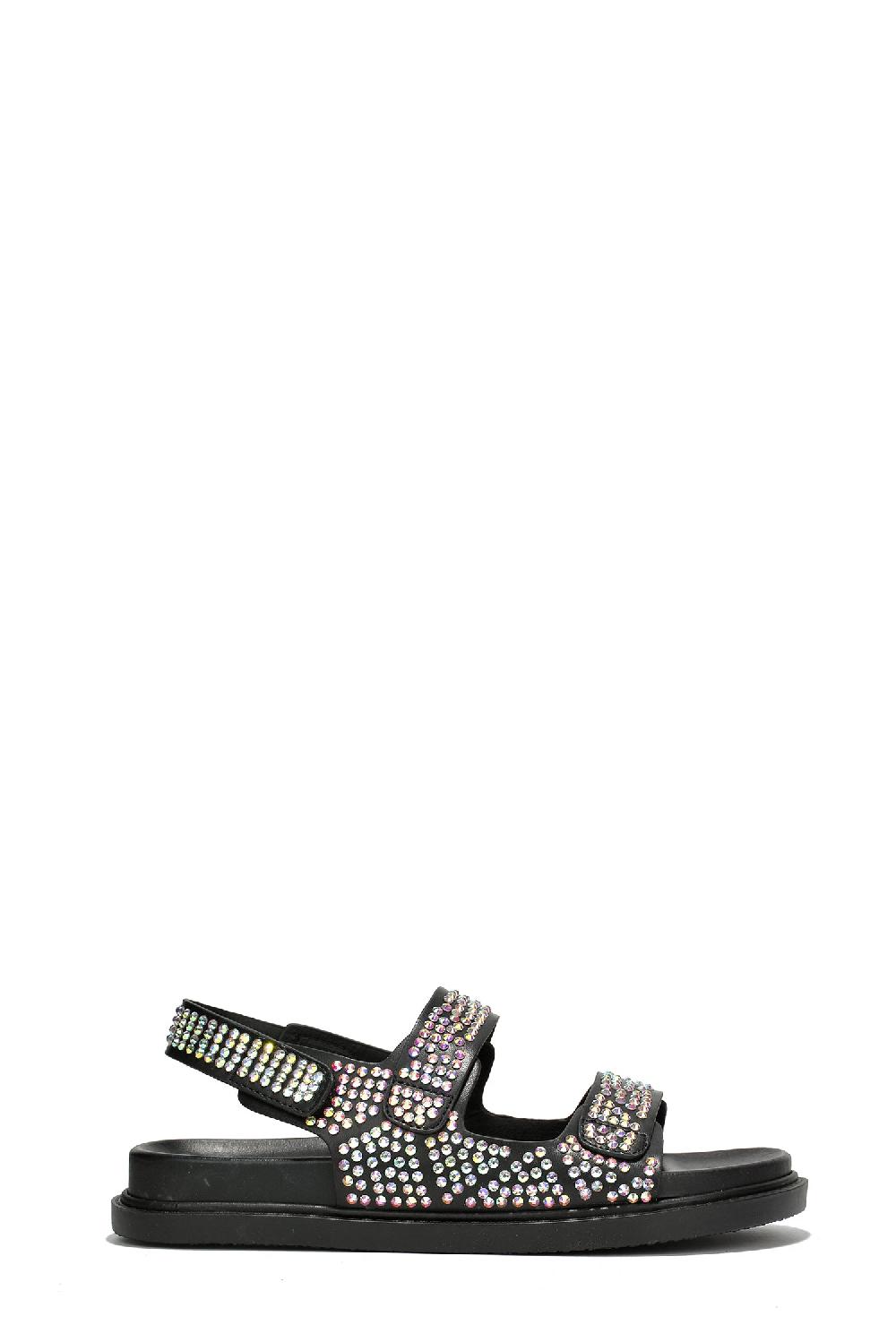 Cape Robbin Bodam Velcro Rhinestone Crusted Flat Sandals - Black