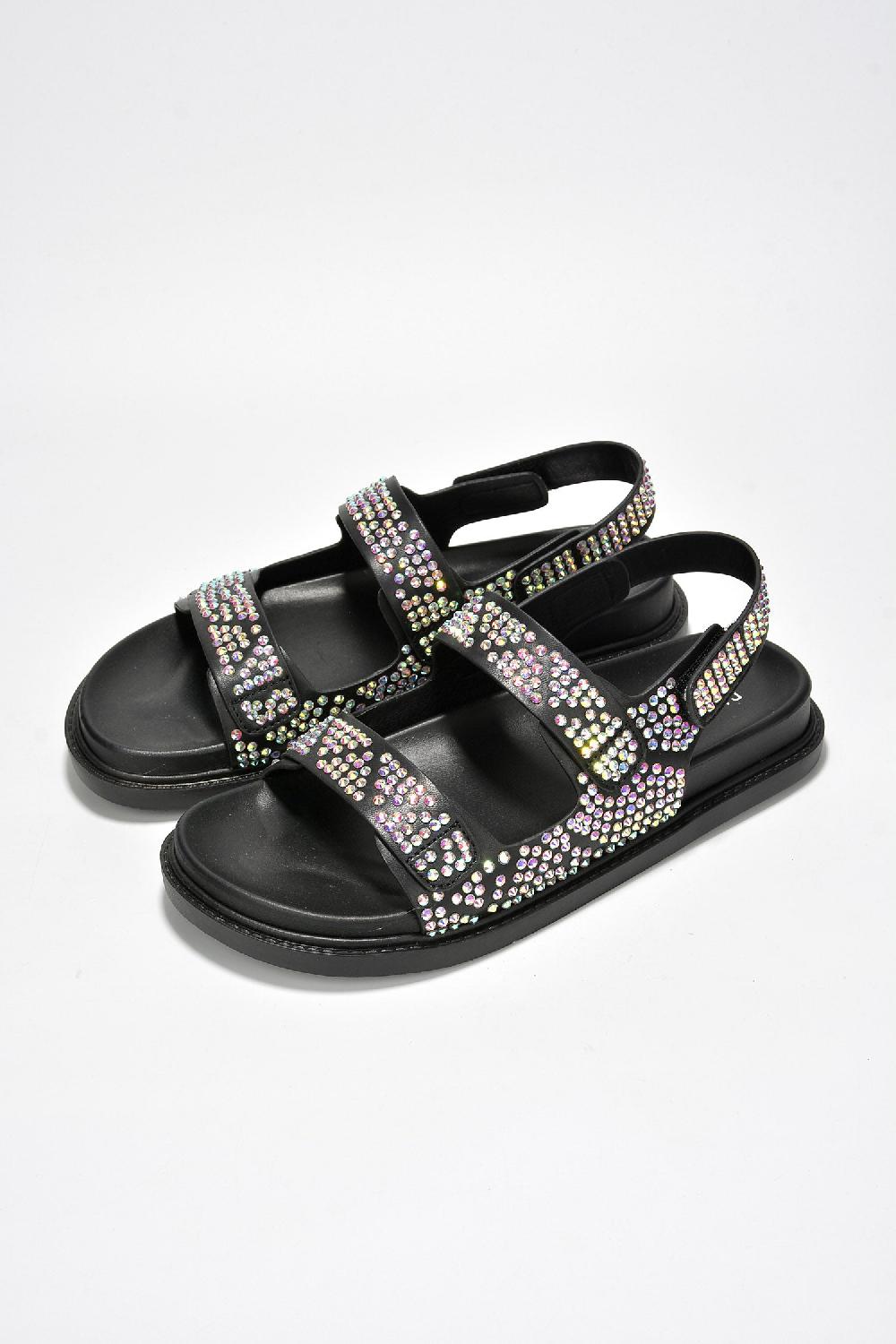Cape Robbin Bodam Velcro Rhinestone Crusted Flat Sandals - Black