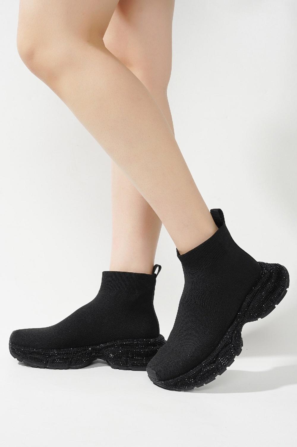 Cape Robbin Bonni Rhinestone Embellished Sock Sneakers - Black