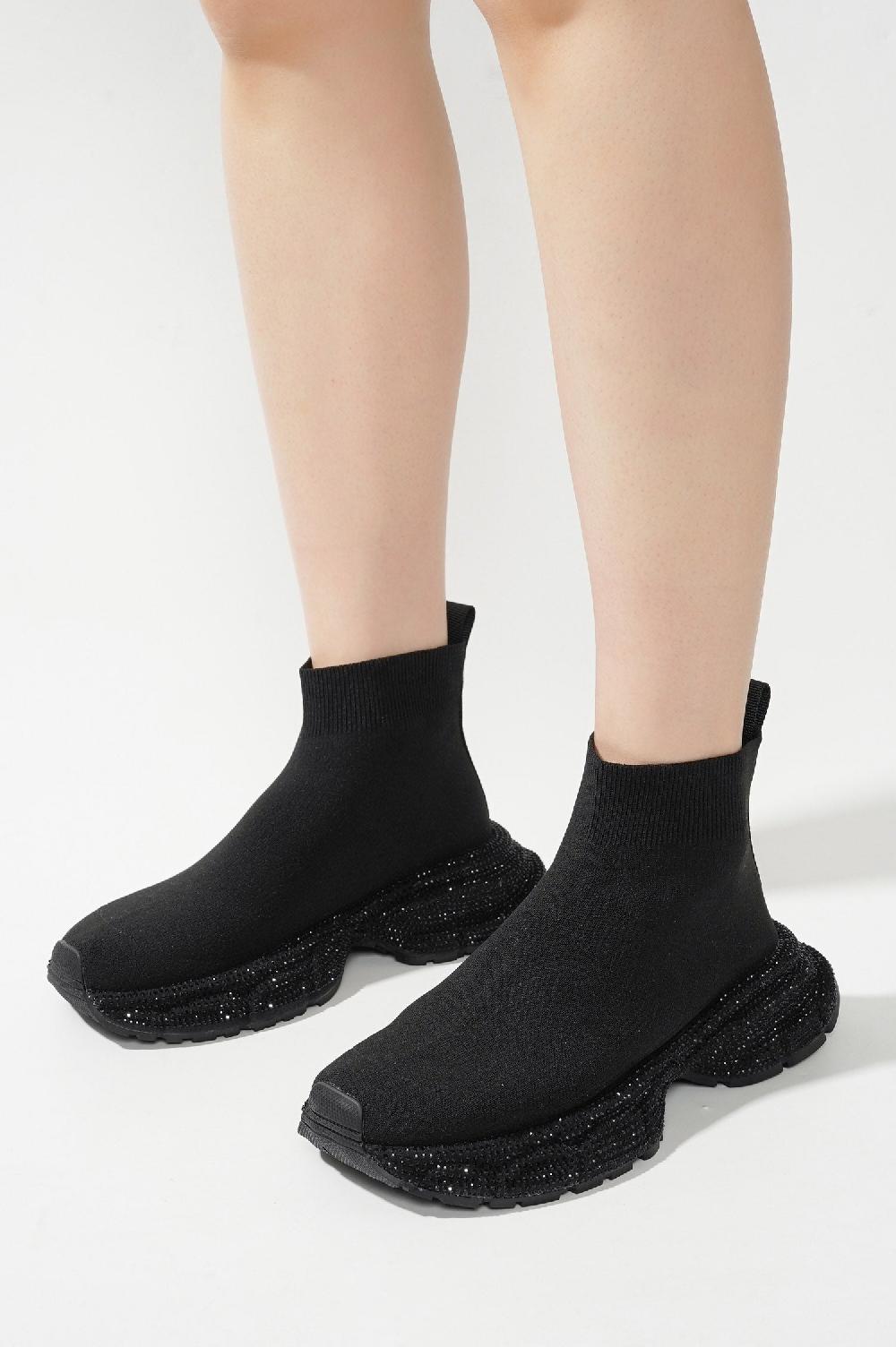 Cape Robbin Bonni Rhinestone Embellished Sock Sneakers - Black