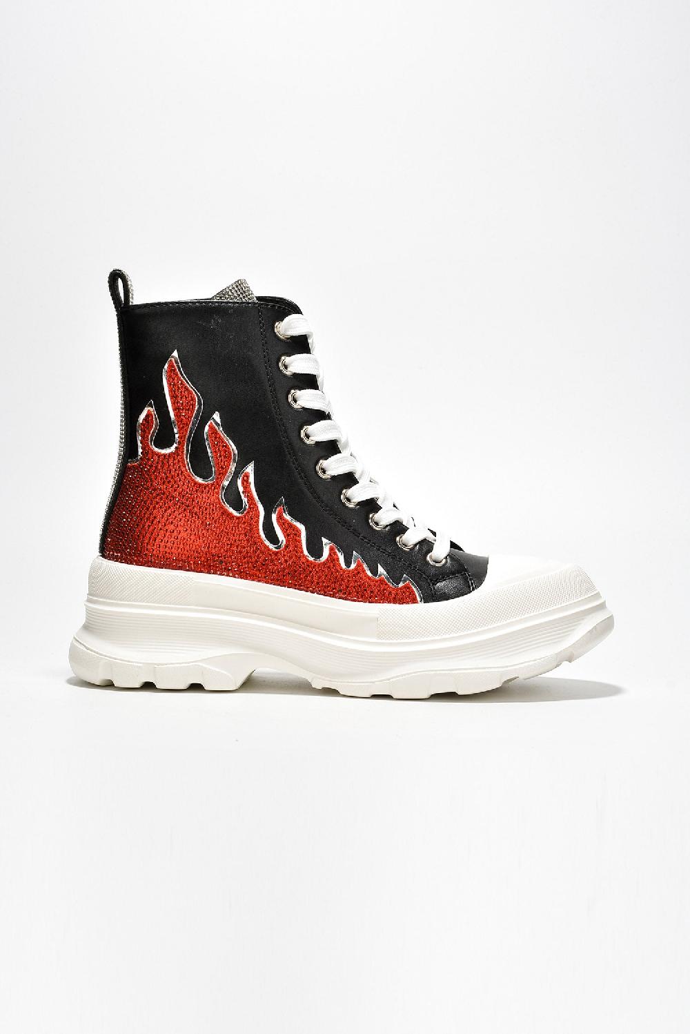 Cape Robbin Cammie Rhinestone Flame High Top Lug Sneakers - Black