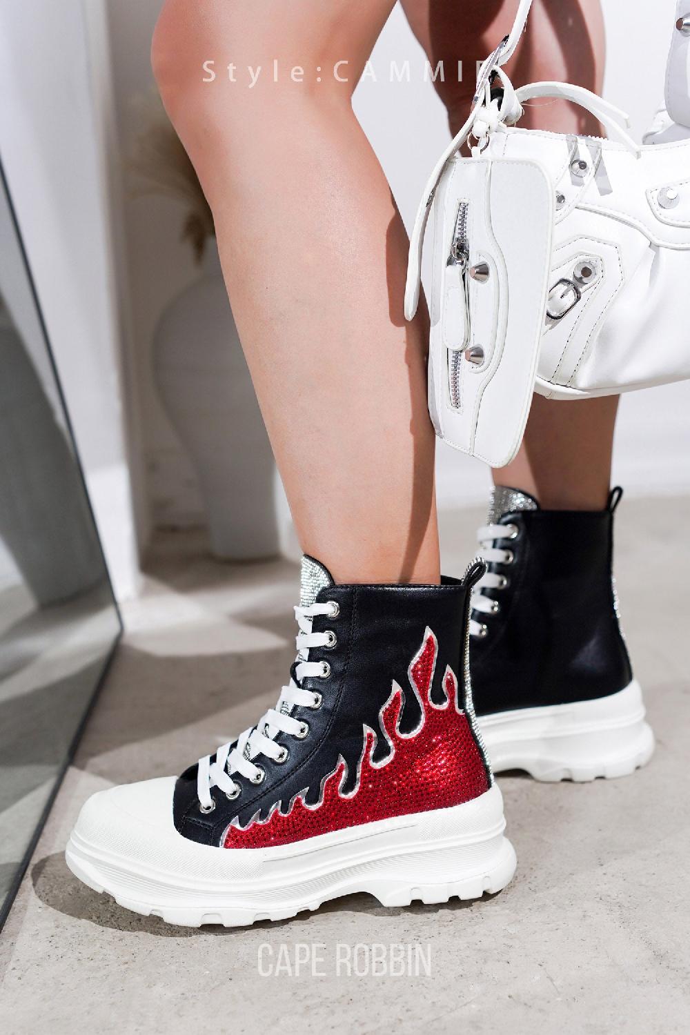 cape robbin Cammie Rhinestone Flame High Top Lug Sneakers - Black