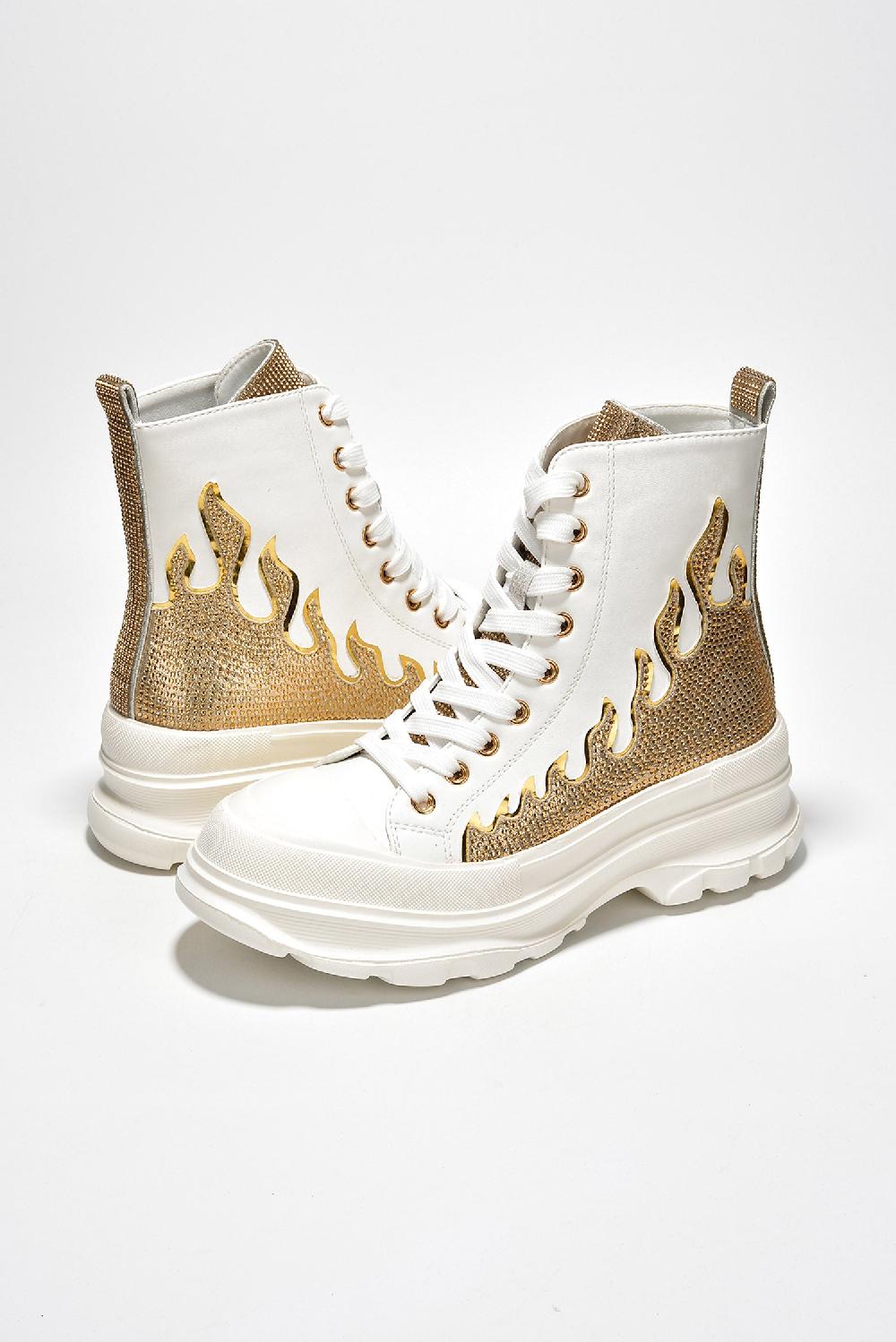 Cape Robbin Cammie Rhinestone Flame High Top Lug Sneakers - Gold