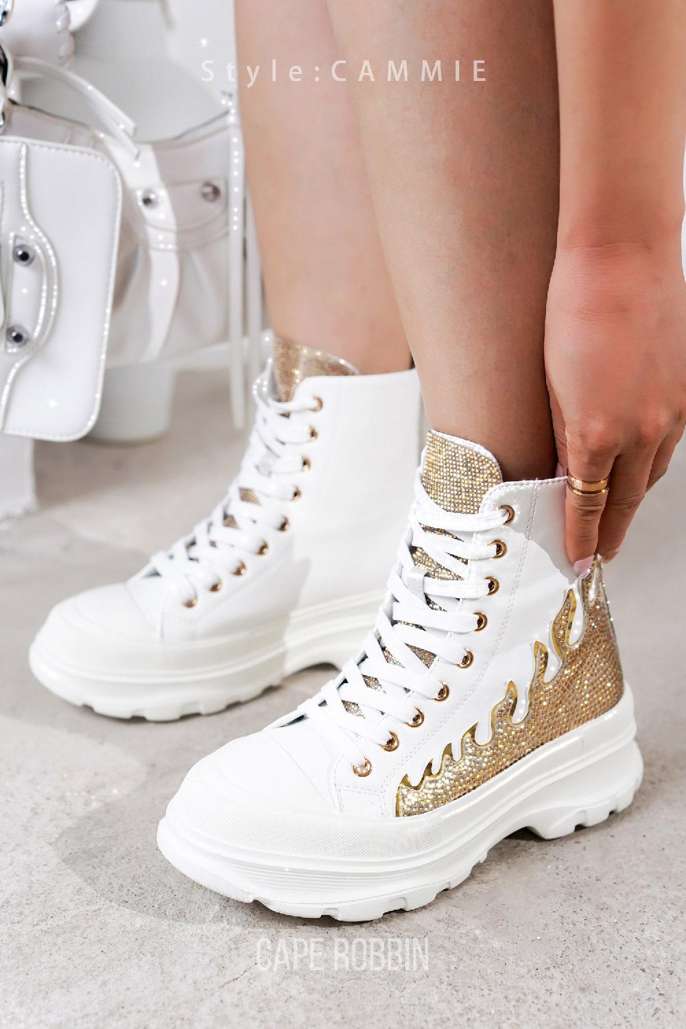 cape robbin Cammie Rhinestone Flame High Top Lug Sneakers - Gold