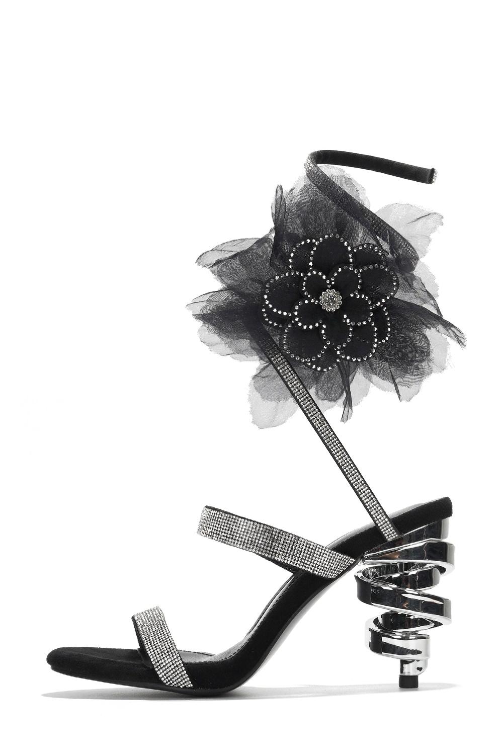 Cape Robbin Candra Rhinestone Flower Spiral Heels - Black