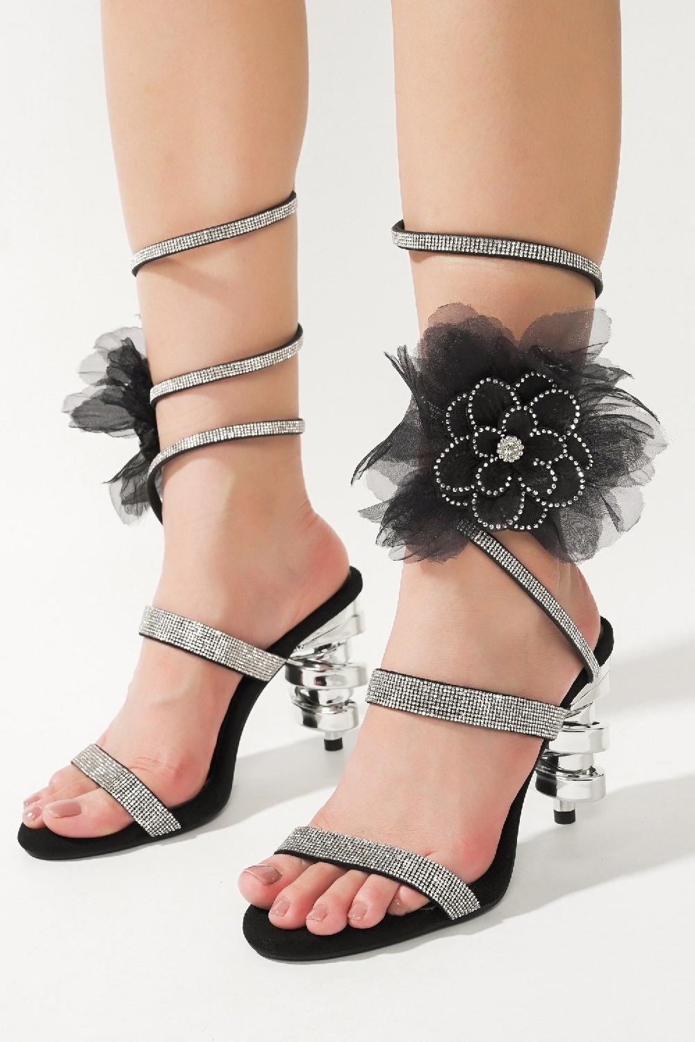 Cape Robbin Candra Rhinestone Flower Spiral Heels - Black