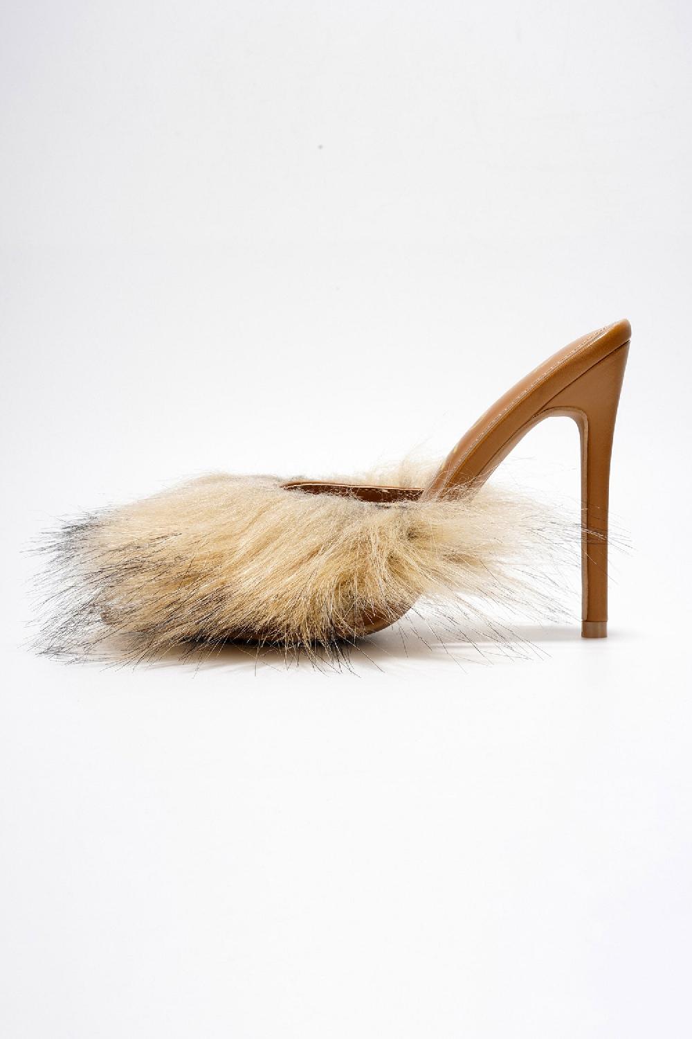 Cape Robbin Edyth Faux Fur Heel Sandals - Tan