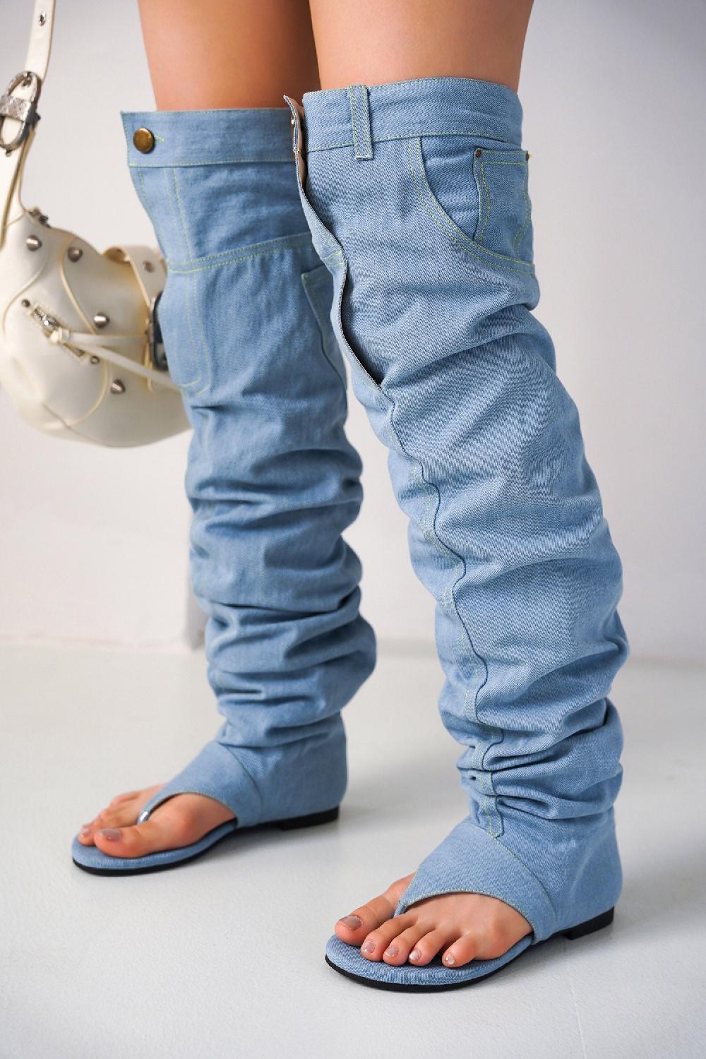 cape robbin Malynda Denim Thigh-high Thong Sandals