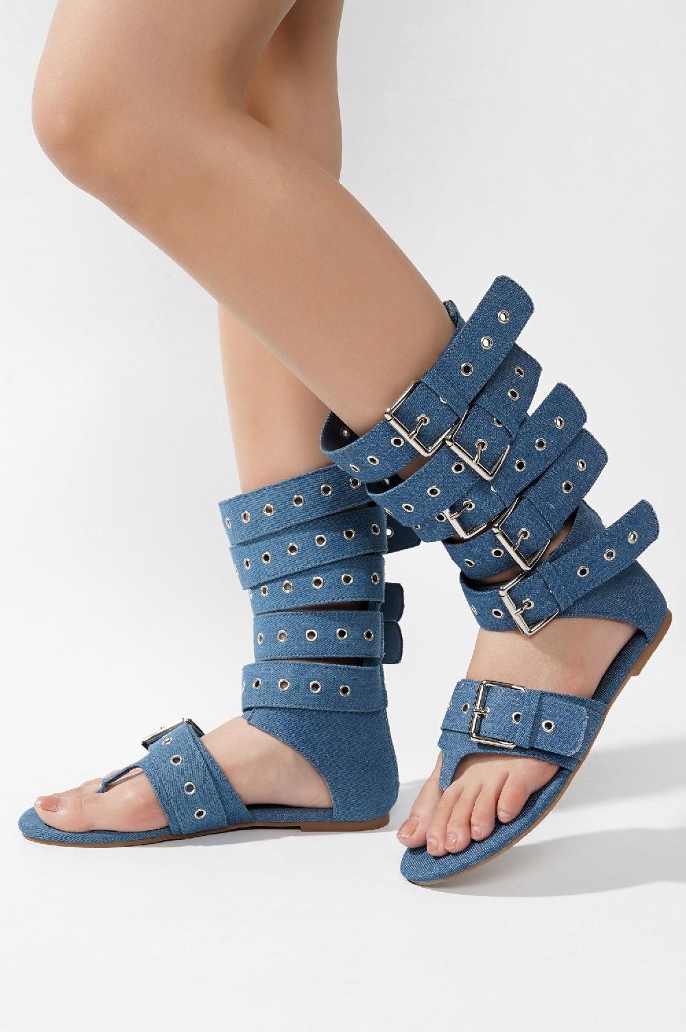 Cape Robbin Viki Denim Belt Buckled Flat Sandals