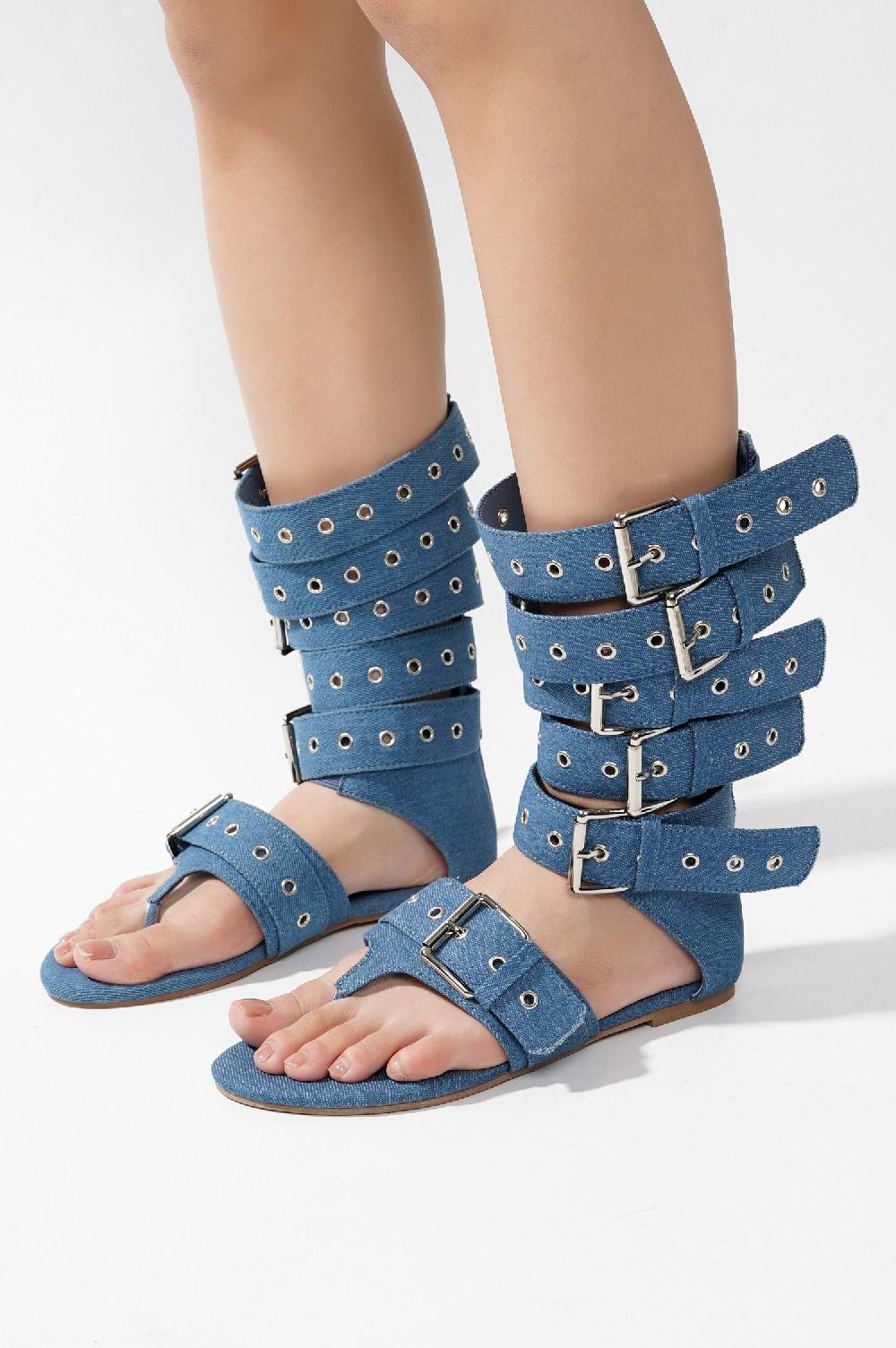 Cape Robbin Viki Denim Belt Buckled Flat Sandals
