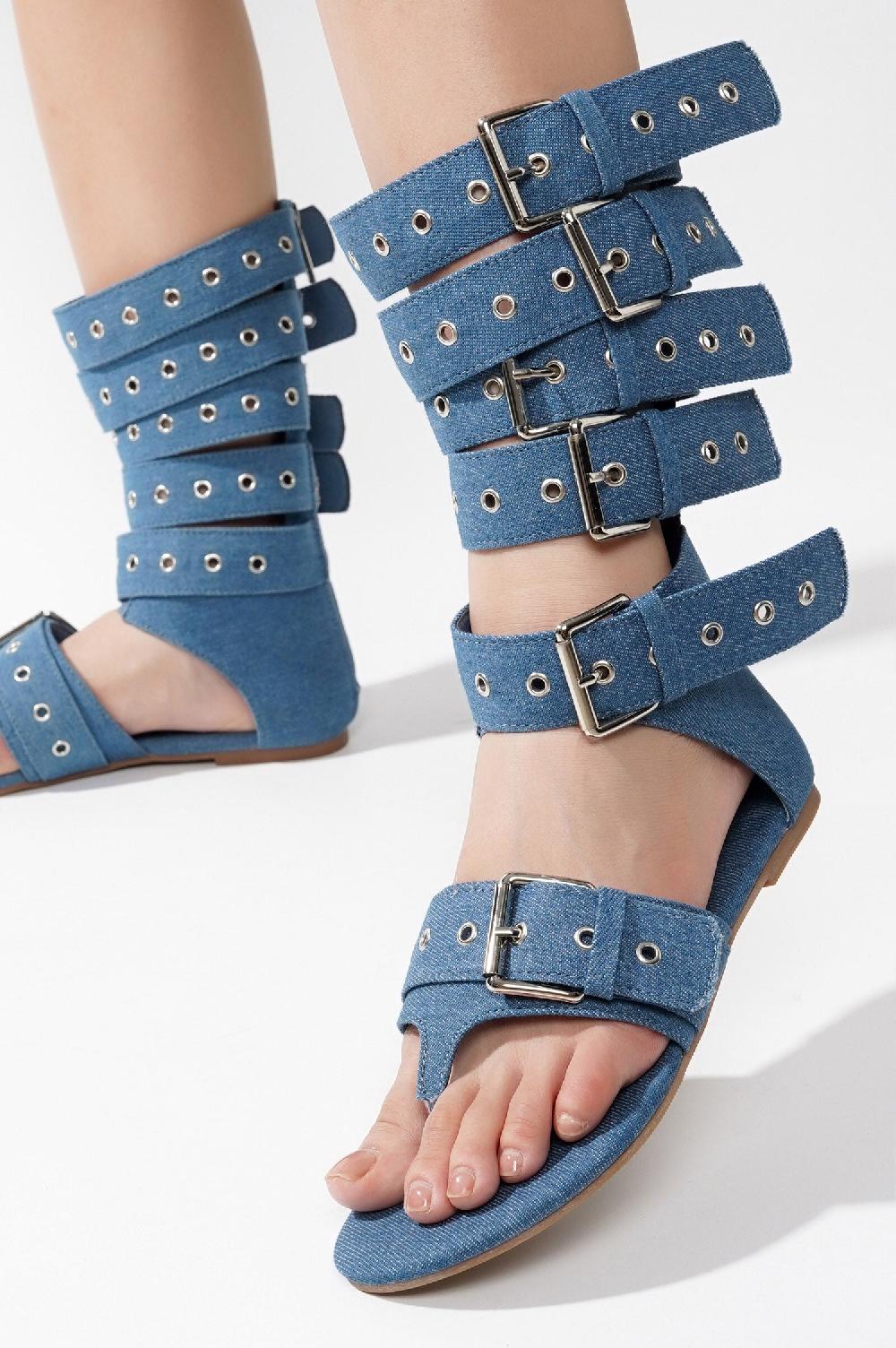 Cape Robbin Viki Denim Belt Buckled Flat Sandals