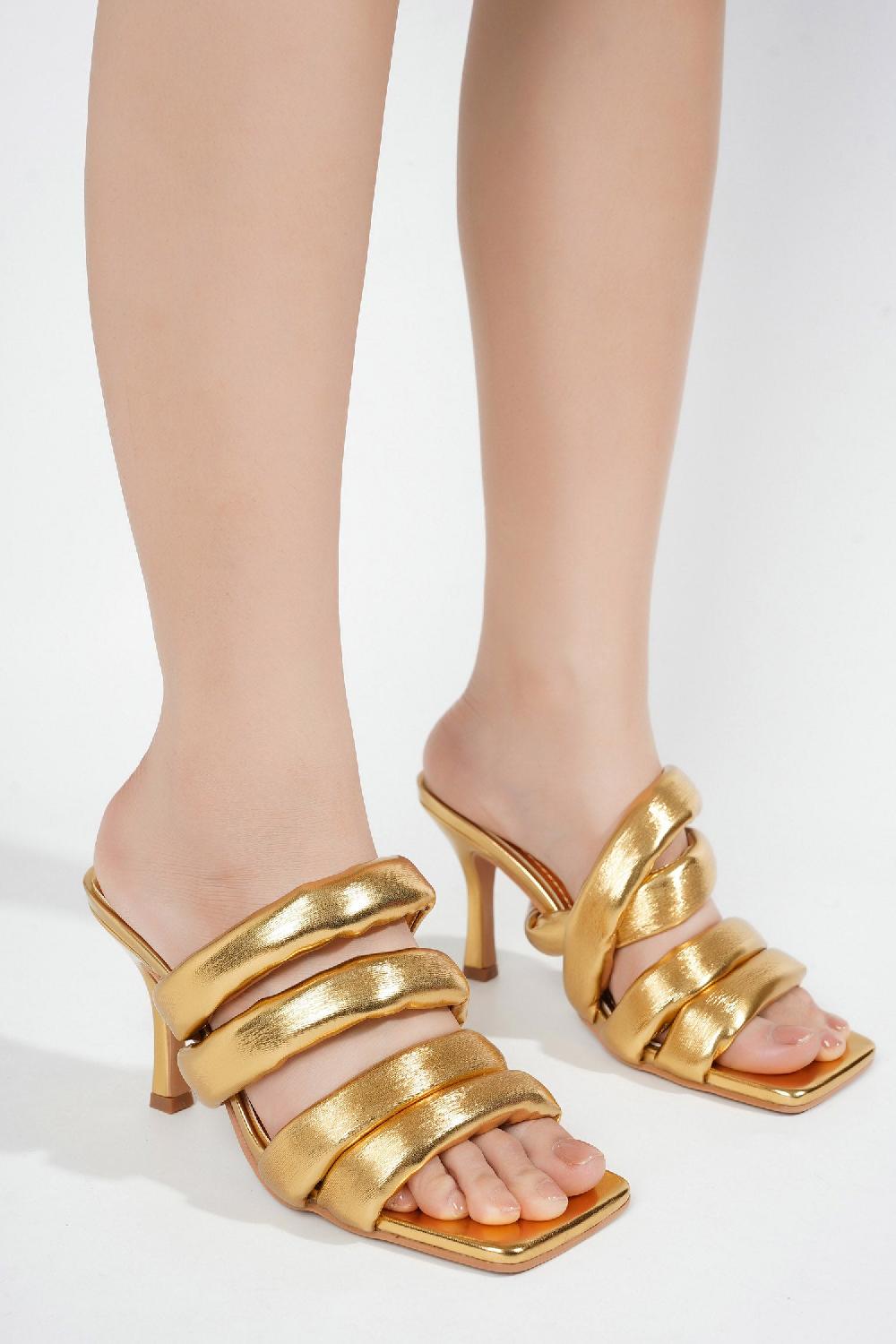 Cape Robbin Carlene Metallic Faux Leather Slip-on Heel Sandals - Gold