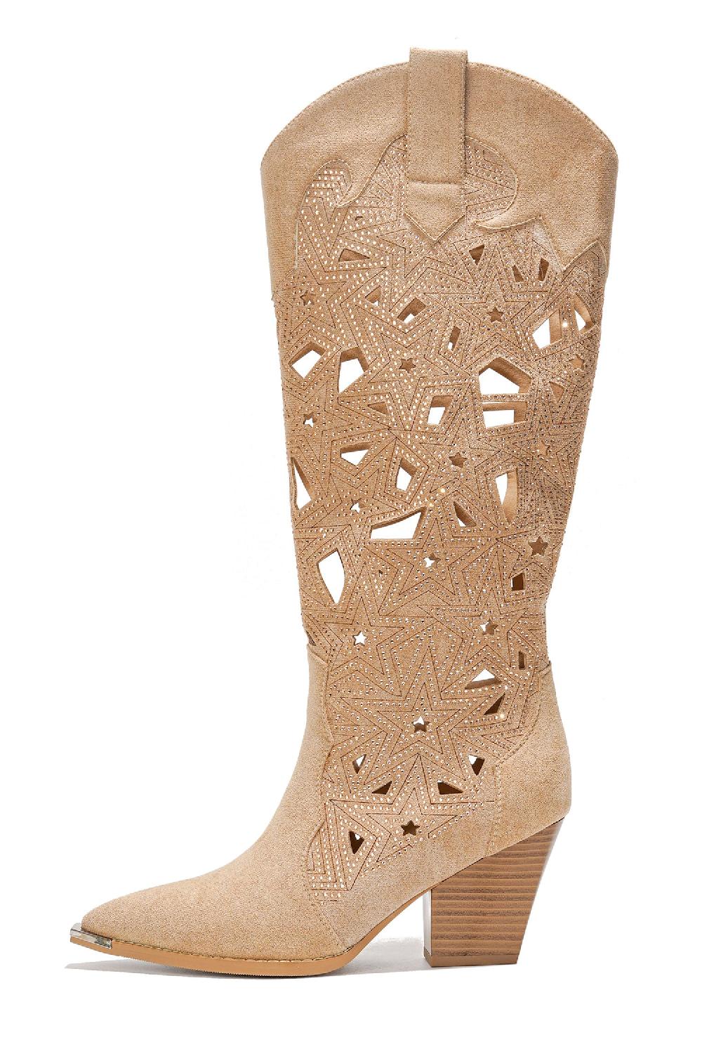 Cape Robbin Carmon Laser Cut Rhinestone Detail Western Knee-High Boots - Beige