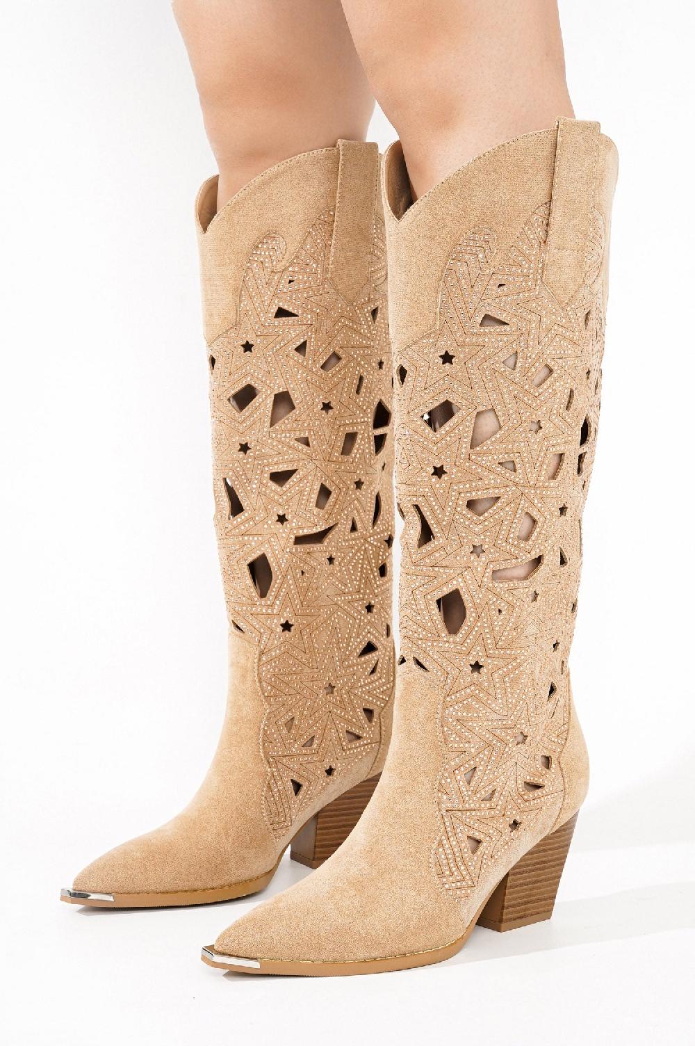 Cape Robbin Carmon Laser Cut Rhinestone Detail Western Knee-High Boots - Beige