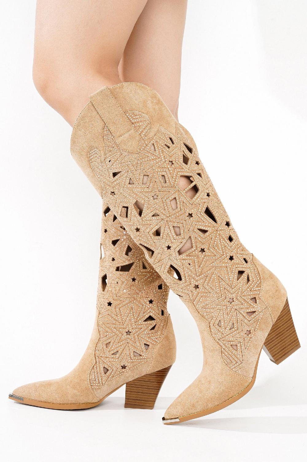 Cape Robbin Carmon Laser Cut Rhinestone Detail Western Knee-High Boots - Beige