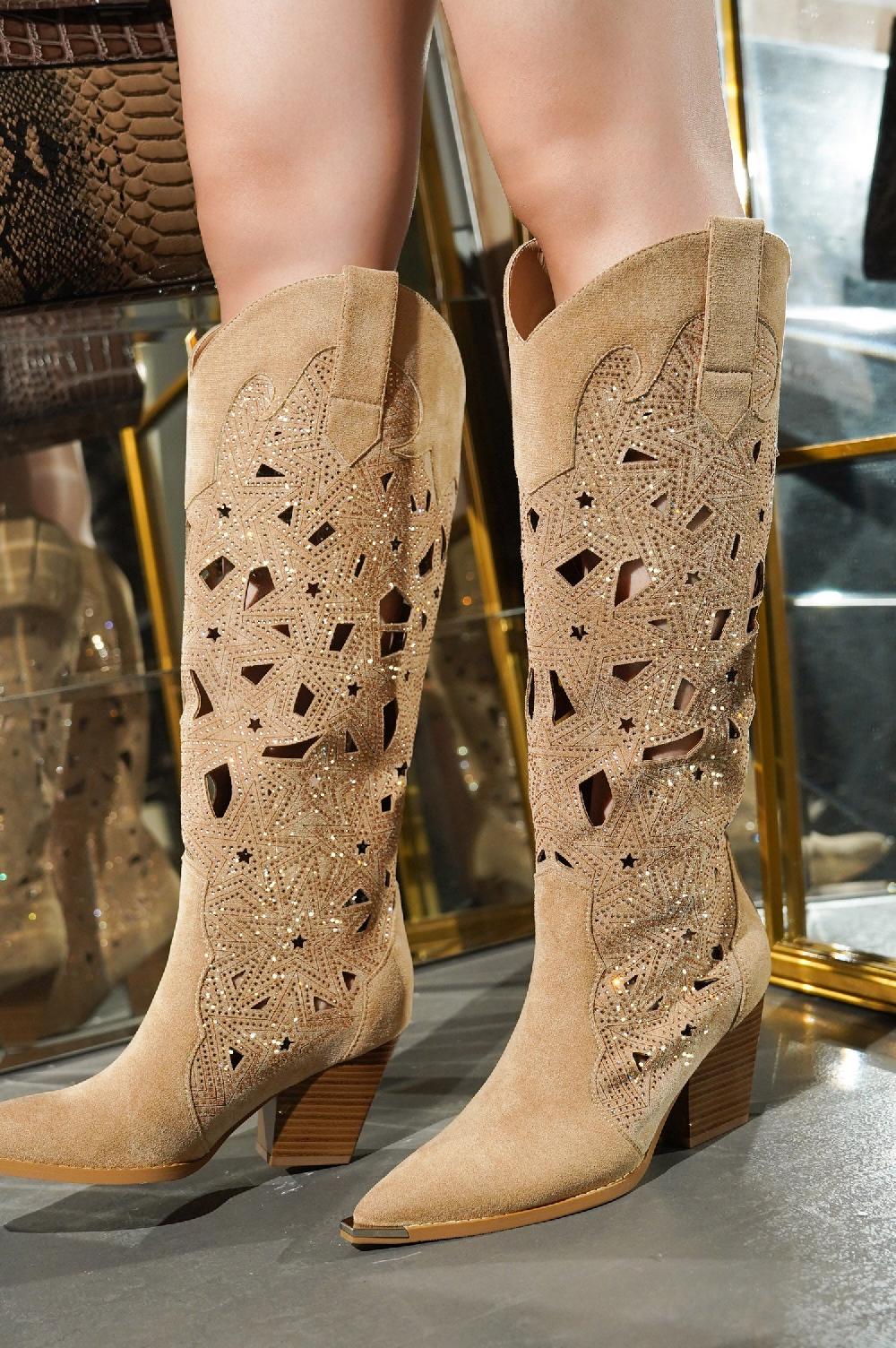 cape robbin Carmon Laser Cut Rhinestone Detail Western Knee-High Boots - Beige