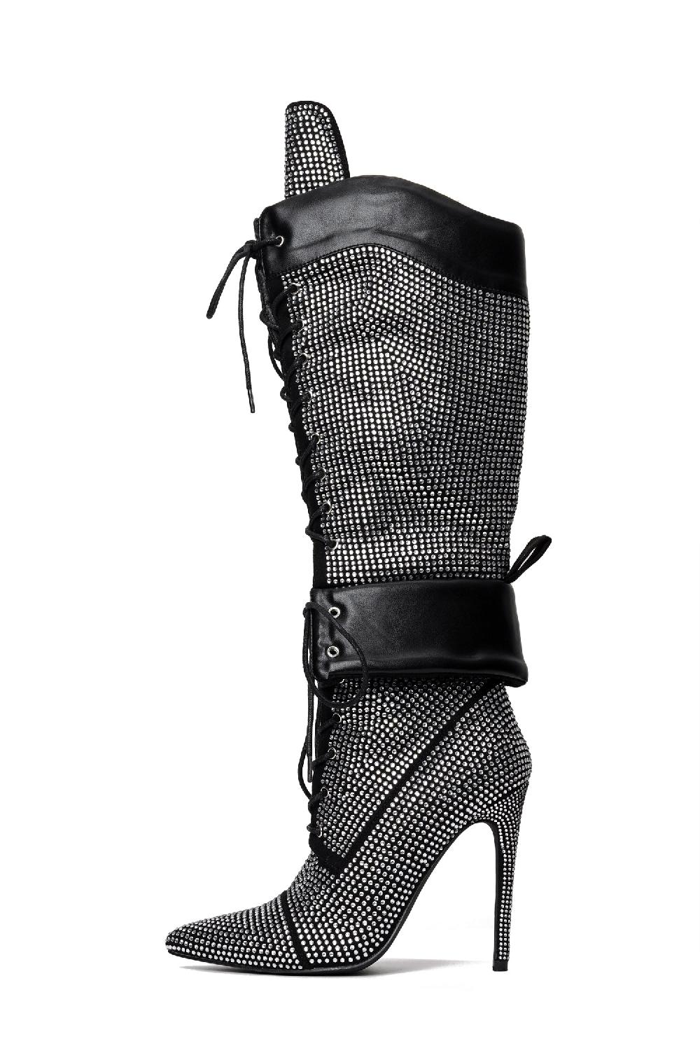 Cape Robbin Charlott Rhinestone Embellished Lace Up Stiletto Knee High Boots - Black