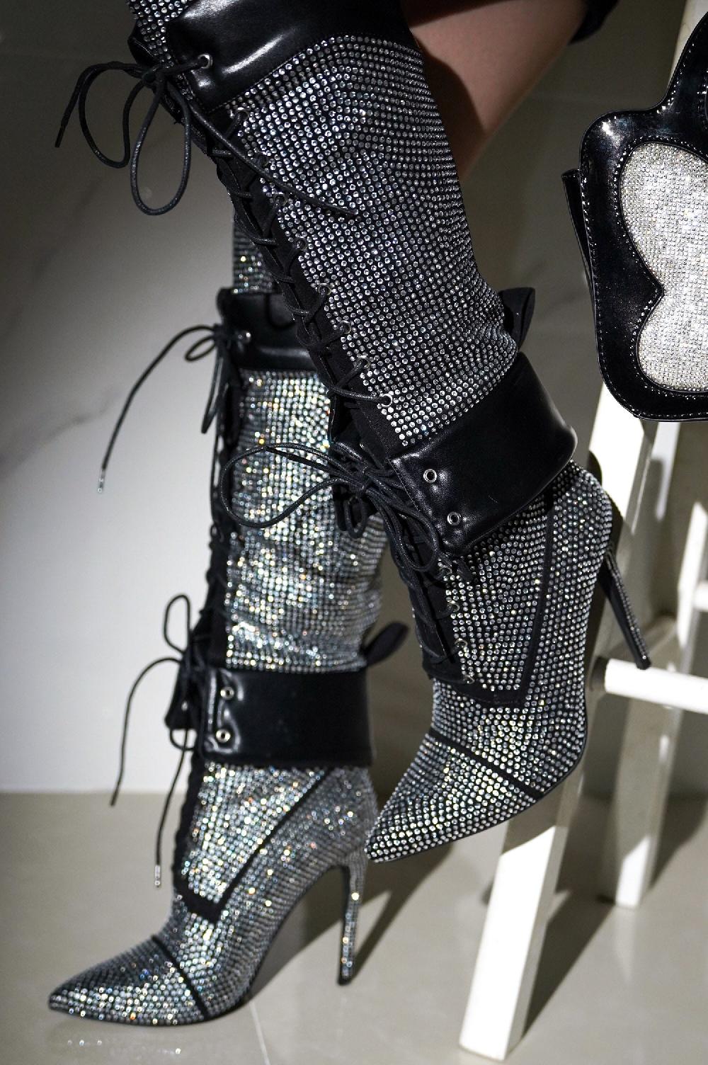 cape robbin Charlott Rhinestone Embellished Lace Up Stiletto Knee High Boots - Black